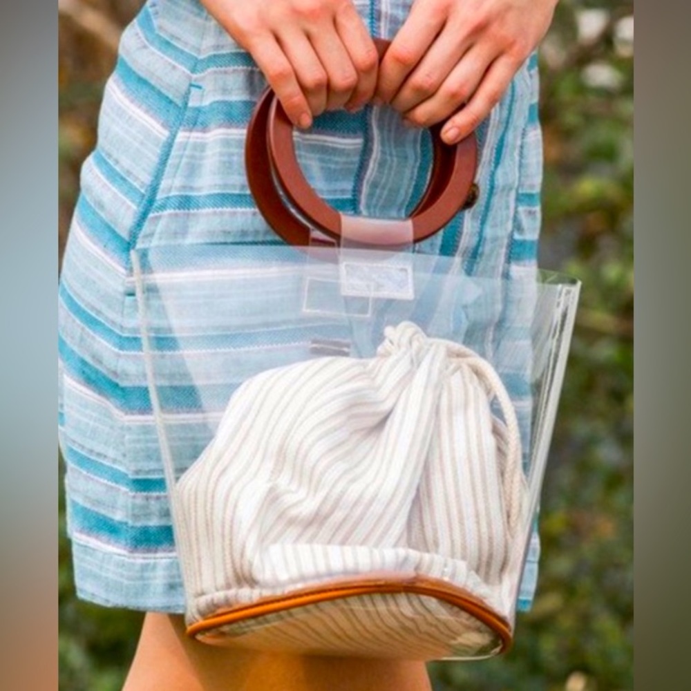 NEW Roxy Love Me Better Bucket Bag Clear Bag Wood Handle Beach Boho